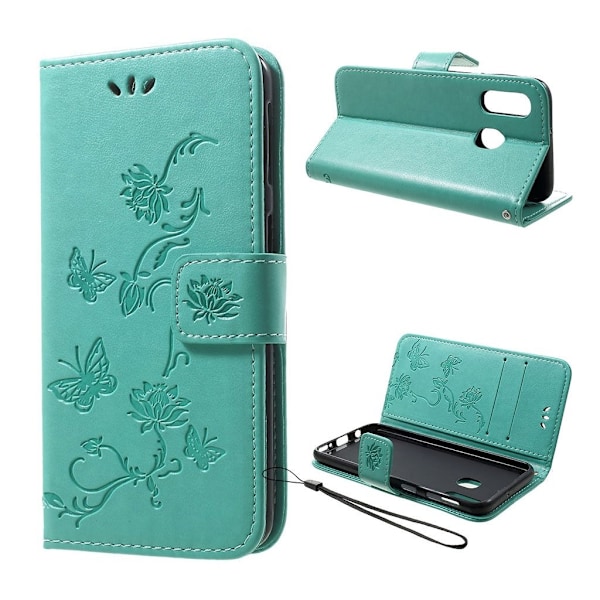 Samsung Galaxy A40 sommerfugleprint på lædercover - cyanblå Green