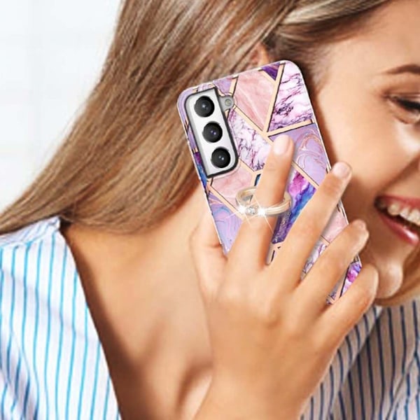 Marble Patterned Suojakuori With Ring Holder For Samsung Galaxy S21 FE - Vaaleanvioletti Purple