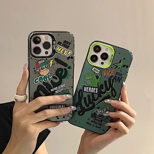 Fargerikt mønster Slim iPhone 15 Plus støtsikkert etui - Heldig Green
