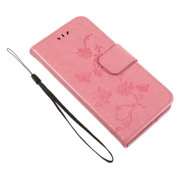 Huawei P9 Lite Mini stemplet sommerfugl og blomster PU læder flip etui - Pink Pink