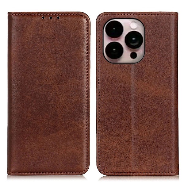 iPhone 14 Pro Max flip etui i ægte læder med pung – Brun Brown