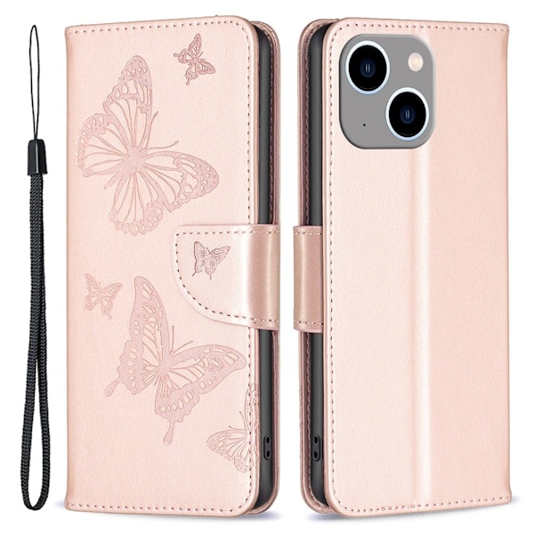 Butterfly läder iPhone 15 Plus fodral - Rosa Rosa