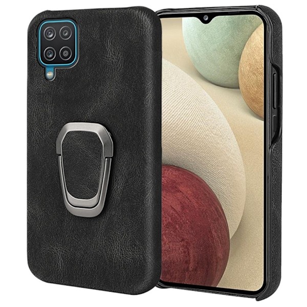 Stötsäkert läderfodral med oval kickstand för Samsung Galaxy A12 5G - Svart Svart