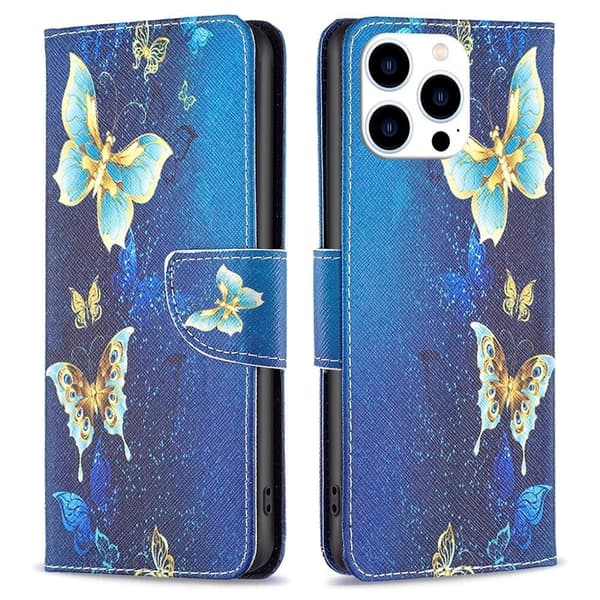 Wonderland iPhone 14 Pro flip etui - Gyldne Sommerfugle Blue