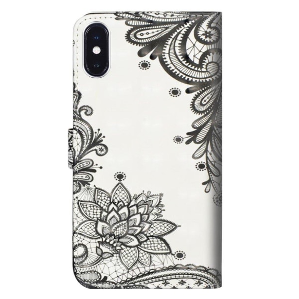 iPhone Xr læder flip cover med mønsterprint - Sort Blomst Black