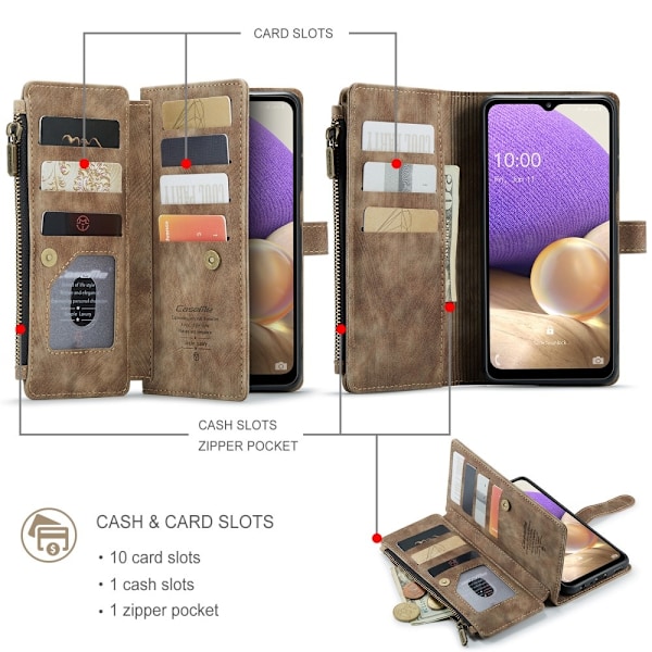 CaseMe Samsung Galaxy M32 5G / Samsung Galaxy A32 5G etui med lynlås og pung - Brun Brown