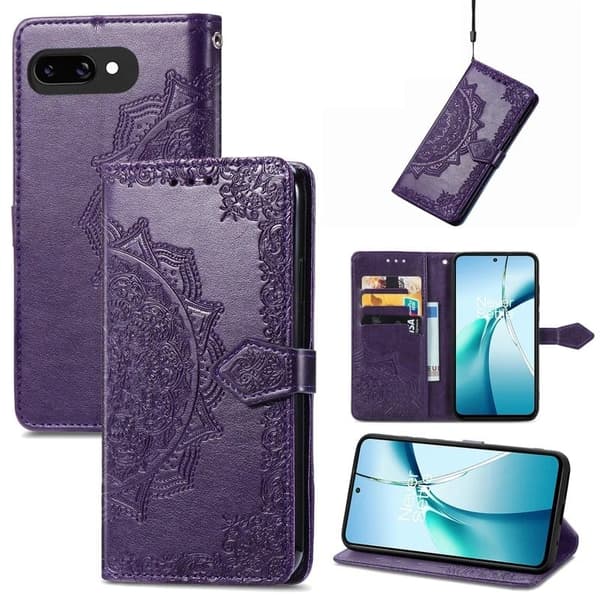 Google Pixel 9a Plånboksfodral Mandala Flower Läder Telefonfodral Stativ - Lila Lila