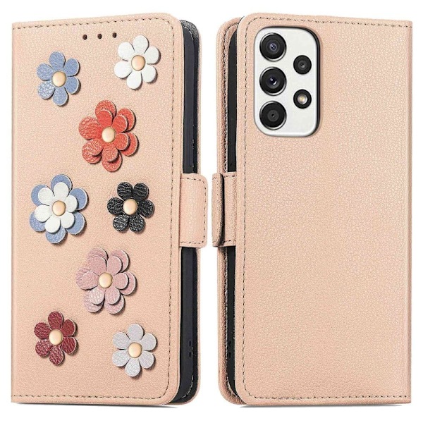 Mjukt läder Samsung Galaxy A33 5G fodral med blomdekor - Brun Brun