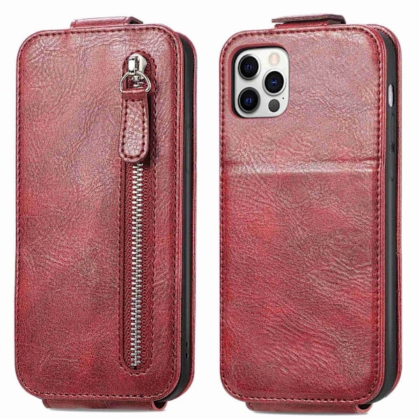 Vertical Flip Phone Suojakotelo With Zipper For iPhone 12 / 12 Pro - Punainen Red