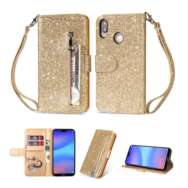 Zipper läder Huawei P20 Lite fodral med plånbok - Guld Guld