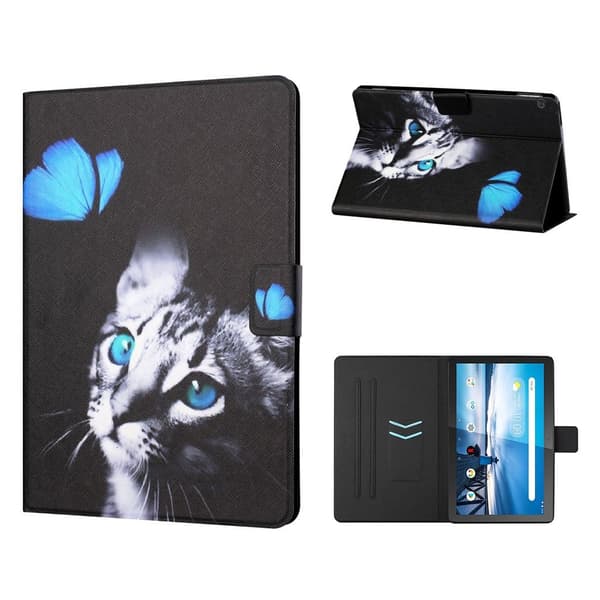 Lenovo Tab M10 flipomslag i læder med cool mønster - Kat Og Sommerfugl Multicolor