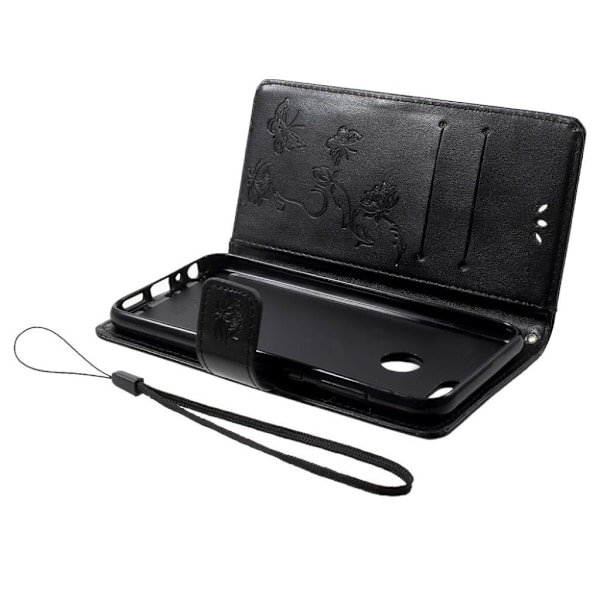 Huawei Honor 9 Lite stemplet sommerfugl blomster PU læder flip etui - Sort Black