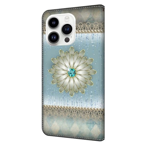 iPhone 16 Pro Plånboksfodral Mönster Tryck Stativ Läder Flip Telefonskal - Blå Diamantblomma Blå