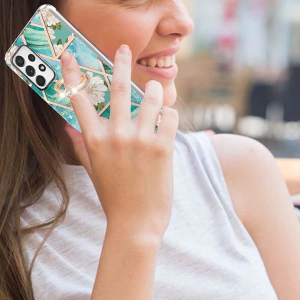 Marble Mønstret Deksel med Ring Holder til Samsung Galaxy A52s 5G / A52 5g / A52 - Blåe Blomster Blue
