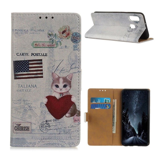 Samsung Galaxy A20e pattern leather case - Cat Holding Heart and multifärg