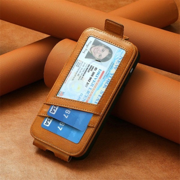 Vertical Flip Phone Suojakotelo With Zipper For Samsung Galaxy A14 - Ruskea Brown