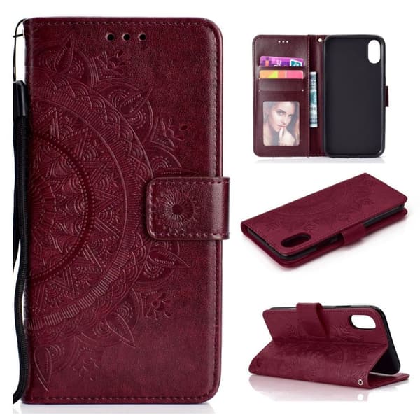 iPhone Xs Max flip cover i læder med Mandala-mønster - Brun Brown