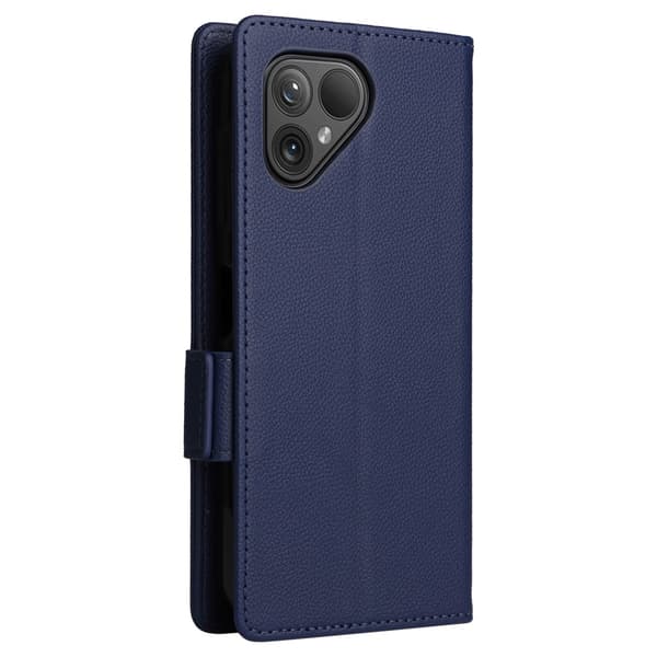 Fairphone 5 Case Litchi Texture Vegan Leather Phone Cover with Strap - Dark Blue Blue