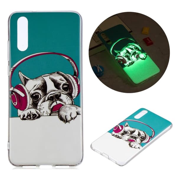 Luminöst IMD-mönstrat mjukt TPU-gelfodral för Huawei P20 - Hund Med Hörlurar Blå
