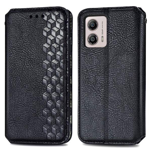 Læder Etui med A Stilfuldt Rhombus Tryk til Motorola Moto G53 - Sort Black