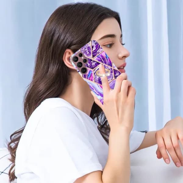 Marble Mønstret Deksel med Ring Holder til Samsung Galaxy S22 Ultra - Mørkelilla Purple