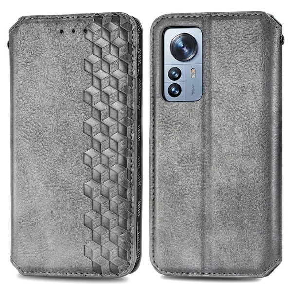 Läder Xiaomi 12 Pro fodral med romb-design - Silver/Grå Silvergrå
