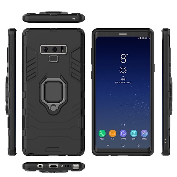 Samsung Galaxy Note9 beskyttelsesetui i kombimaterialer med ringholder - Sort Black