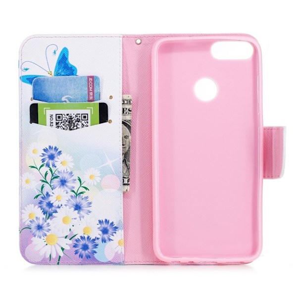 Huawei P Smart mønstret læderflip etui - Blå Sommerfugle og Blomster Multicolor