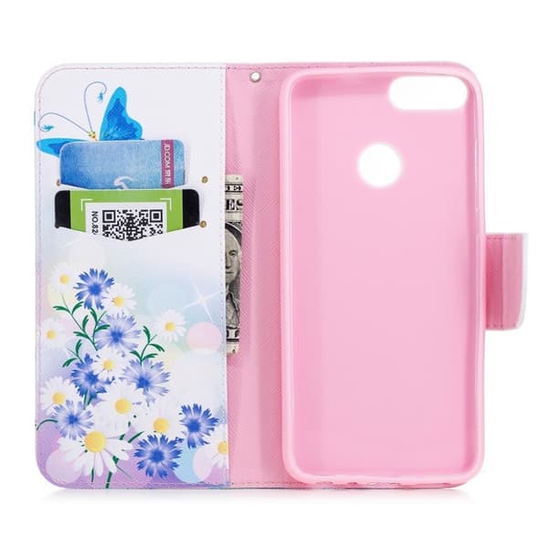 Huawei P Smart Mønstret Lær Flip Etui - Blå Sommerfugl Og Blomster Multicolor