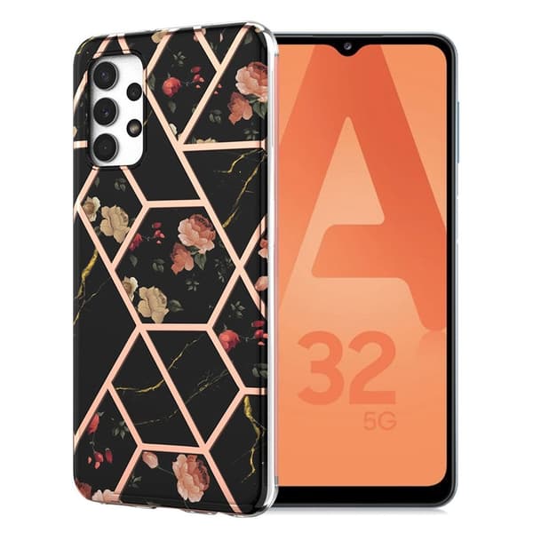 Marmordesign Samsung Galaxy A32 5G deksel - Svart Marmor / Blomst Multicolor