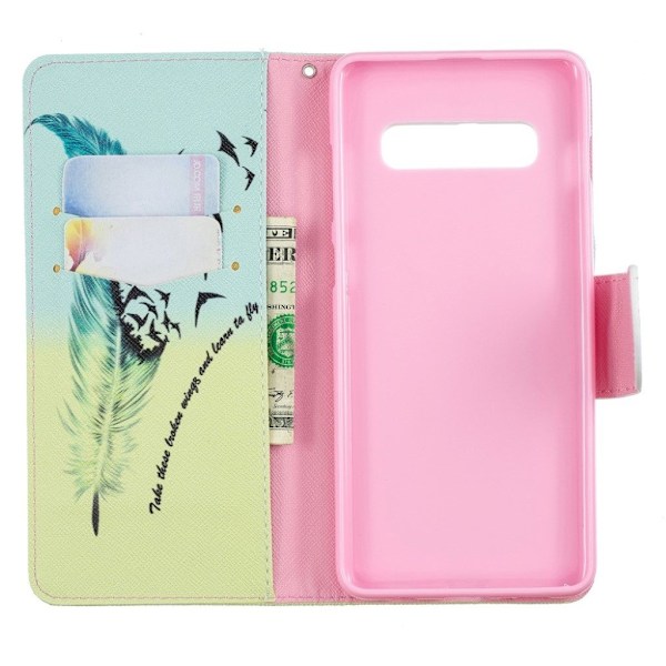 Samsung Galaxy S10 Plus mønstret læder flip etui - Fjer Multicolor