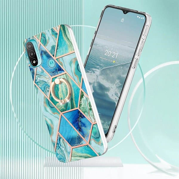 Marble Patterned Suojakuori With Ring Holder For Motorola Moto E30 / E40 / E20 - Vihreä Green