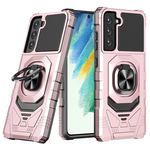 Slidstærkt cover i hård plast med blød inderside og kickstand til Samsung Galaxy S21 FE - Rødguld Pink