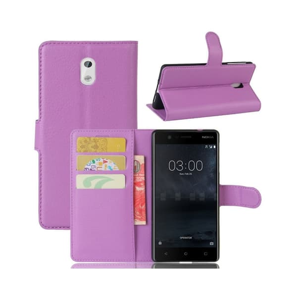 Nokia 3 Læder etui med Lychee skin - Lilla Purple