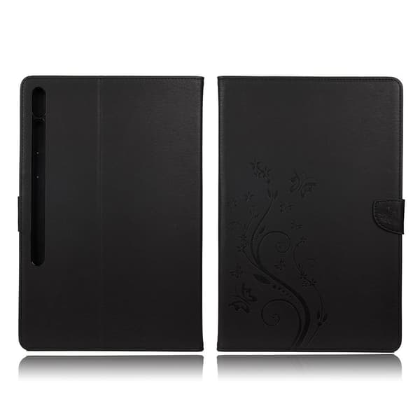 Samsung Galaxy Tab S7 Plus Butterflies Imprint Lær Etui - Svart Black