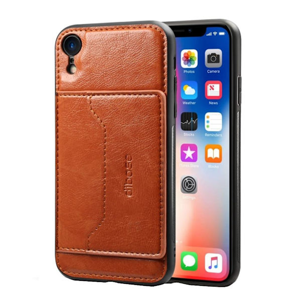 IPhone 9 mobilskal syntetläder plast utfällbart ben vildhästtextur kortficka - Brun Brun
