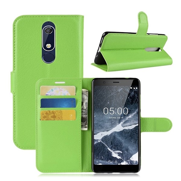 Nokia 5.1 beskyttelsesetui i kunstlæder med Litchi overfalde samt magnetisk lukkefunktion - Grøn Green