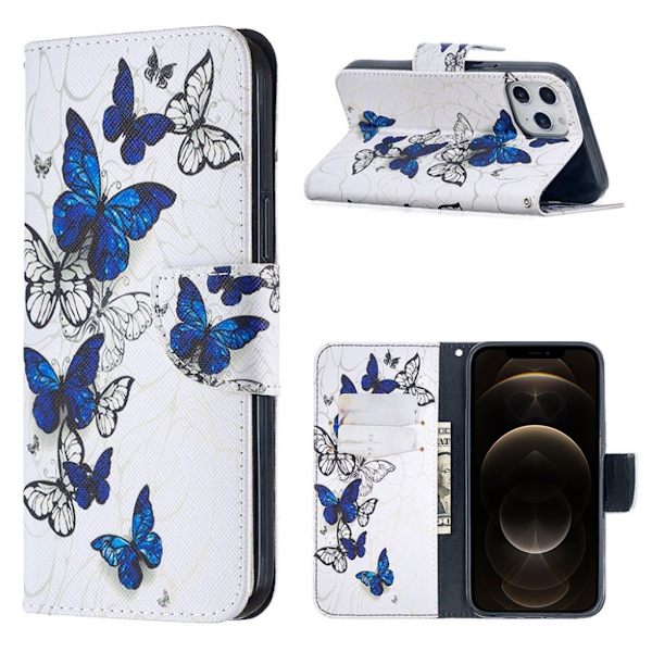 Wonderland iPhone 12 Pro Max flip etui - Blå Og Hvide Sommerfugle White