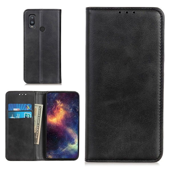 Wallet-style ægte Læder Flipcase til Alcatel 1l (2021) - Sort Black