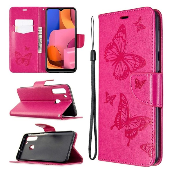 Butterfly läder Samsung Galaxy A21 fodral - Rosa Rosa