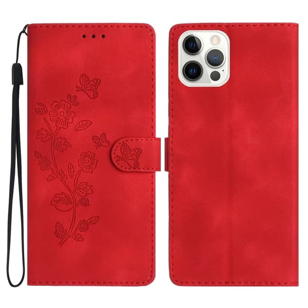 iPhone 16 Pro Max plånboksfodral i läder med tryck och blomma, flipskyddande telefonskal - Röd Röd