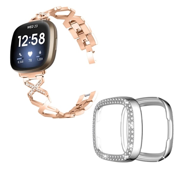 Fitbit Sense / Versa 3 X-formad med strassdekorerat klockarmband med silverfodral - Roséguld Rosa