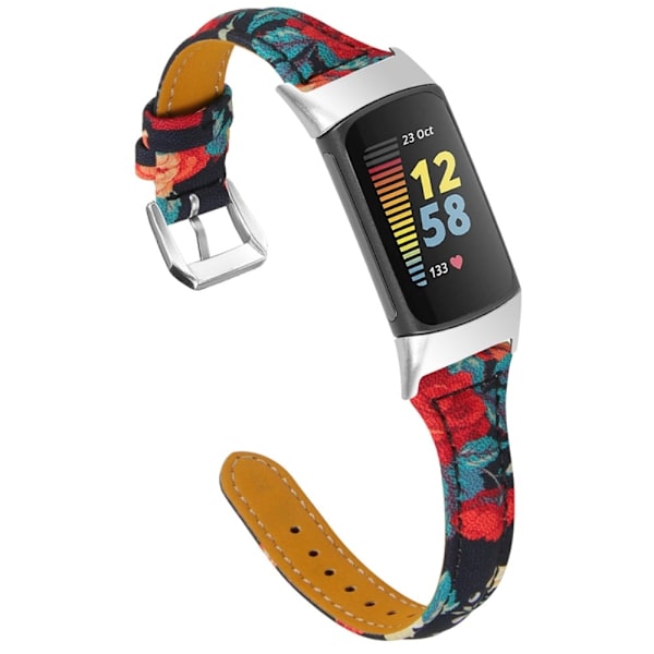 Fitbit Charge 5 slim urrem i ægte læder - Skarlagenrøde Blomster Multicolor