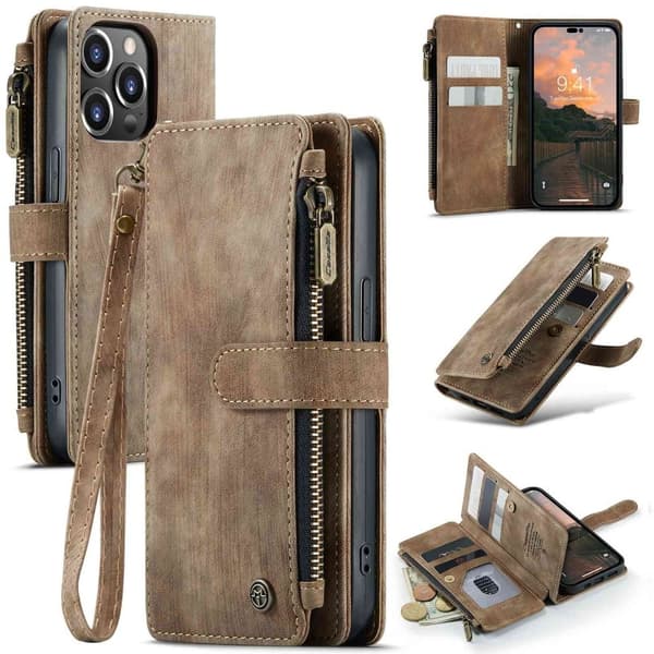CaseMe iPhone 14 Pro etui med lynlås og pung - Brun Brown