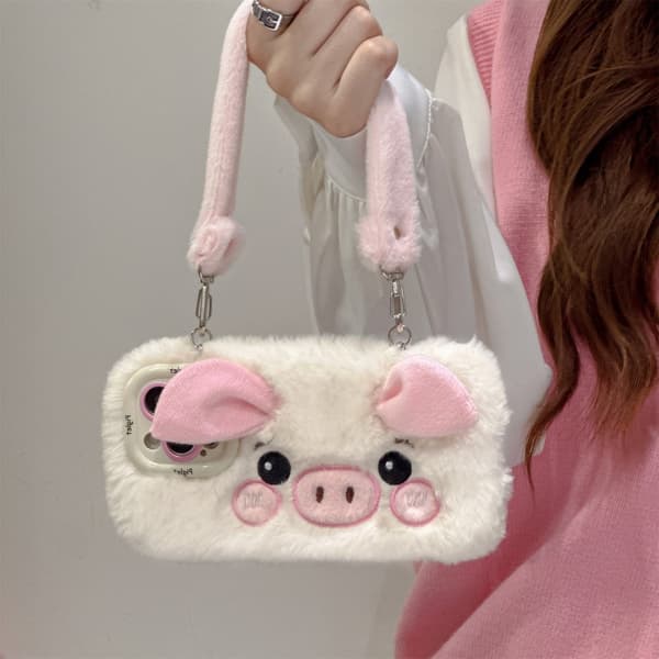 KJS-019 iPhone 15 Pro Max Case Lens Kickstand Flexible Piglet Plush Handheld Phone Cover - White White