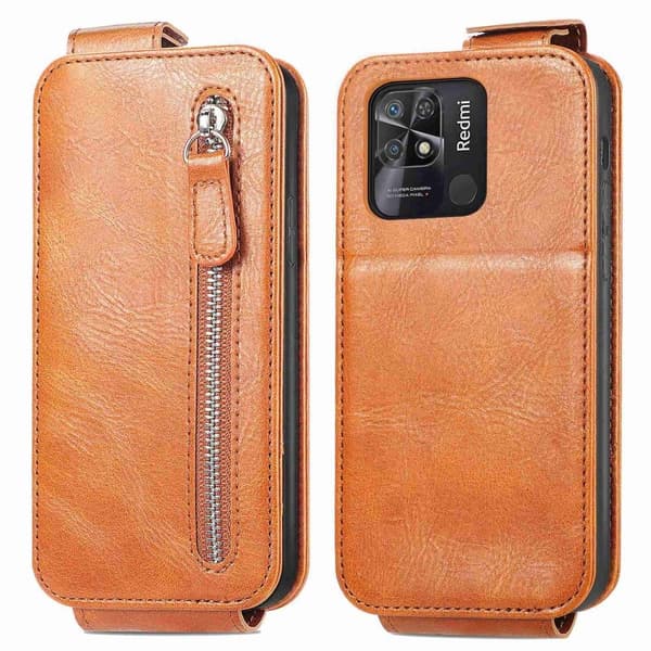 Vertical Flip Phone Etui med Zipper til Xiaomi Redmi 10C - Brun Brown