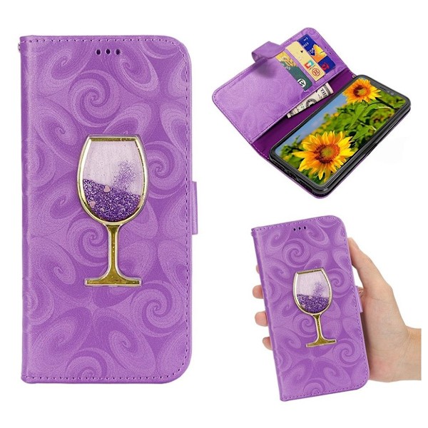 iPhone 9 Plus mobilfodral silikon syntetläder plånbok timglas vinglas glitter - Lila Lila