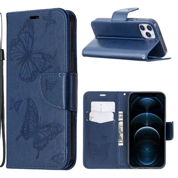 Butterfly iPhone 12 Pro / iPhone 12 nahkakotelo - Sininen Blue
