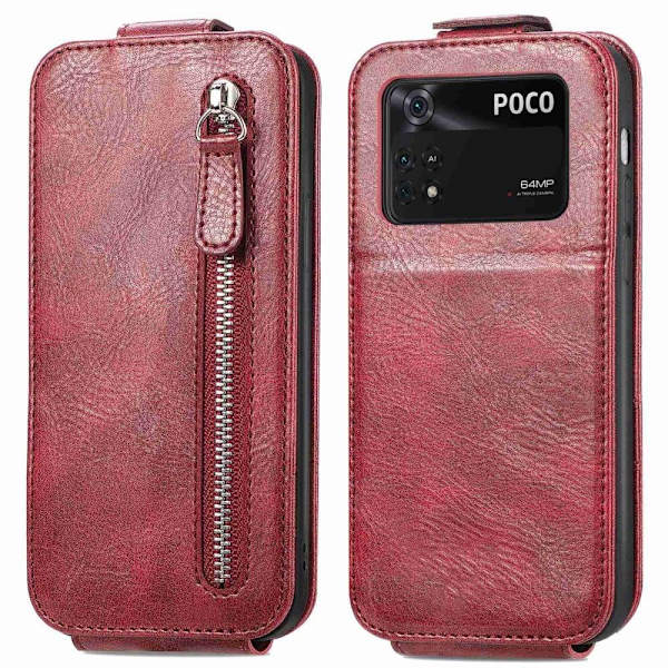 Vertical Flip Phone Suojakotelo With Zipper For Xiaomi Poco M4 Pro - Punainen Red
