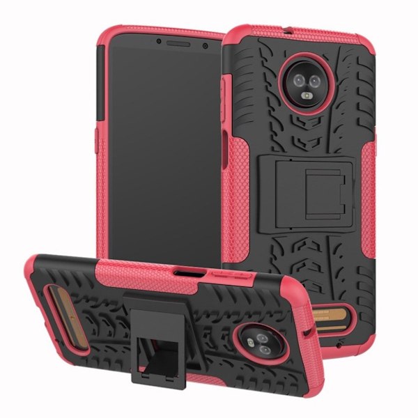 Motorola Moto Z3 Play mobilskal hårdplast och TPU material däckdesign utfällbart ställ - Rosenröd Rosa
